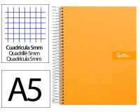 Cuaderno espiral liderpapel a5 micro crafty tapa forrada 120h 90gr cuadro 5mm 5 bandas 6 taladros color naranja