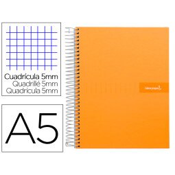 Cuaderno espiral liderpapel a5 micro crafty tapa forrada 120h 90 gr cuadro 5mm 5 bandas6 taladros color naranja