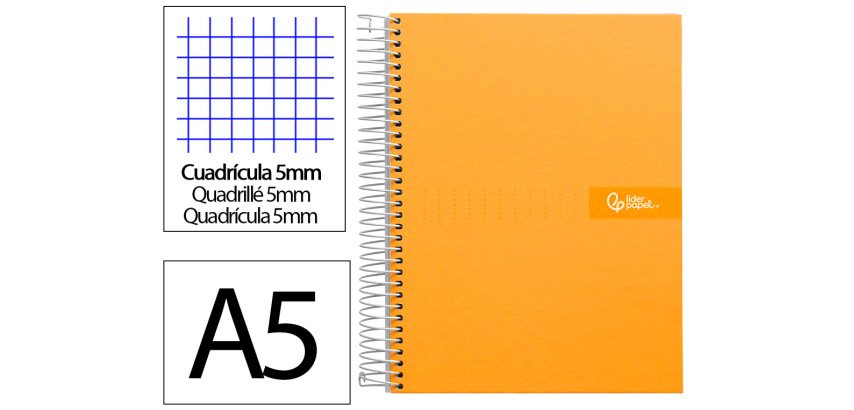 Cuaderno espiral liderpapel a5 micro crafty tapa forrada 120h 90gr cuadro 5mm 5 bandas 6 taladros color naranja