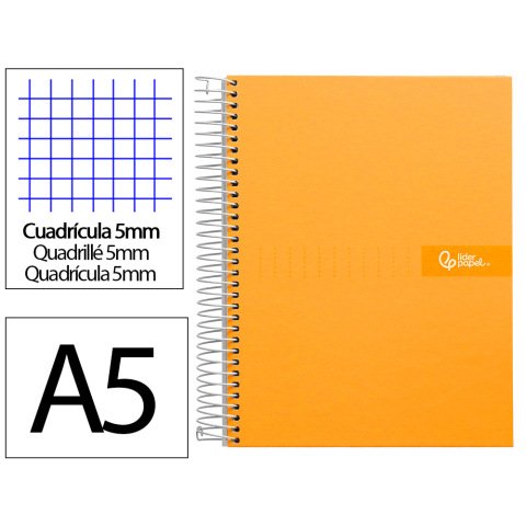 Cuaderno espiral liderpapel a5 micro crafty tapa forrada 120h 90gr cuadro 5mm 5 bandas 6 taladros color naranja