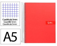Cuaderno espiral liderpapel a5 micro crafty tapa forrada 120h 90gr cuadro 5mm 5 bandas 6 taladros color rojo
