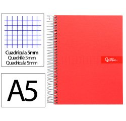 Cuaderno espiral liderpapel a5 micro crafty tapa forrada 120h 90gr cuadro 5mm 5 bandas 6 taladros color rojo
