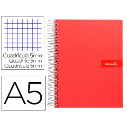 Cuaderno espiral liderpapel a5 micro crafty tapa forrada 120h 90 gr cuadro 5mm 5 bandas6 taladros color rojo