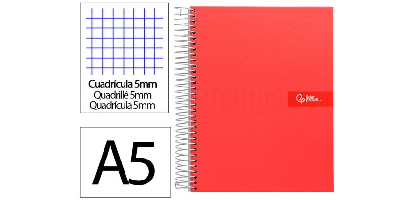 Cuaderno espiral liderpapel a5 micro crafty tapa forrada 120h 90gr cuadro 5mm 5 bandas 6 taladros color rojo