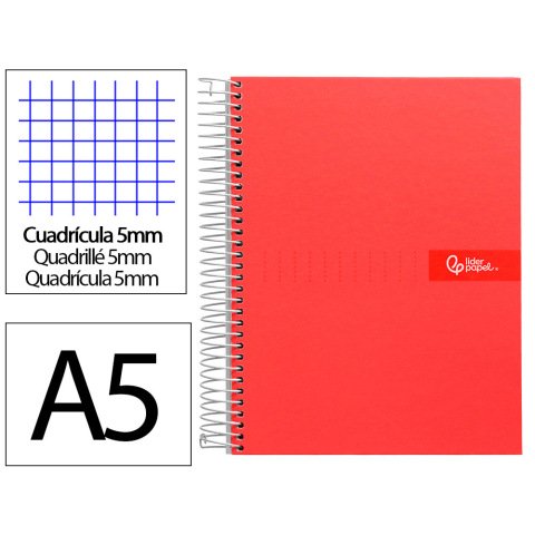 Cuaderno espiral liderpapel a5 micro crafty tapa forrada 120h 90gr cuadro 5mm 5 bandas 6 taladros color rojo