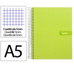 Cuaderno espiral liderpapel a5 micro crafty tapa forrada 120h 90gr cuadro 5mm 5 bandas 6 taladros color verde