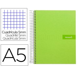 Cuaderno espiral liderpapel a5 micro crafty tapa forrada 120h 90 gr cuadro 5mm 5 bandas6 taladros color verde