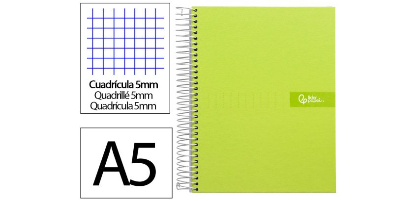 Cuaderno espiral liderpapel a5 micro crafty tapa forrada 120h 90gr cuadro 5mm 5 bandas 6 taladros color verde