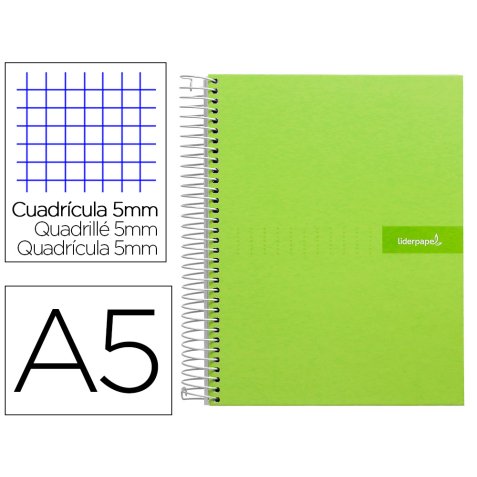 Cuaderno espiral liderpapel a5 micro crafty tapa forrada 120h 90 gr cuadro 5mm 5 bandas6 taladros color verde