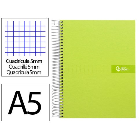 Cuaderno espiral liderpapel a5 micro crafty tapa forrada 120h 90gr cuadro 5mm 5 bandas 6 taladros color verde