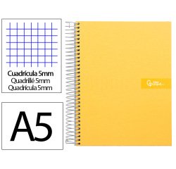 Cuaderno espiral liderpapel a5 micro crafty tapa forrada 120h 90gr cuadro 5mm 5 bandas 6 taladros color amarillo