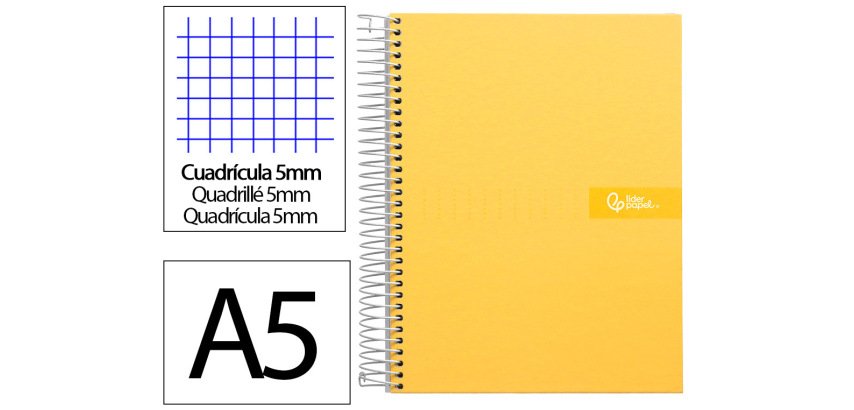 Cuaderno espiral liderpapel a5 micro crafty tapa forrada 120h 90gr cuadro 5mm 5 bandas 6 taladros color amarillo