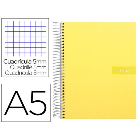 Cuaderno espiral liderpapel a5 micro crafty tapa forrada 120h 90 gr cuadro 5mm 5 bandas6 taladros color amarillo