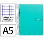 Cuaderno espiral liderpapel a5 micro crafty tapa forrada 120h 90gr cuadro 5mm 5 bandas 6 taladros color turquesa