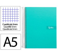 Cuaderno espiral liderpapel a5 micro crafty tapa forrada 120h 90gr cuadro 5mm 5 bandas 6 taladros color turquesa