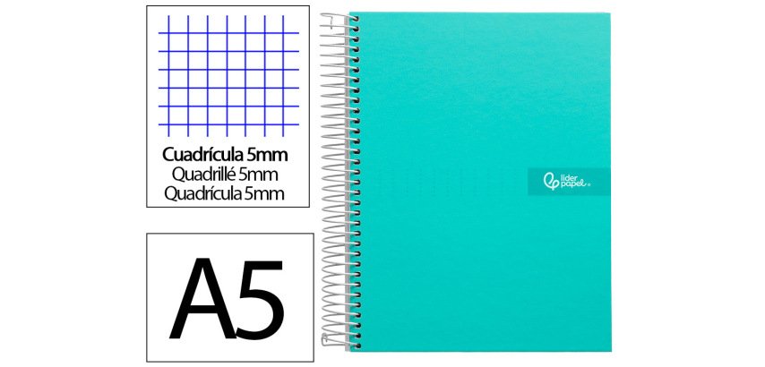 Cuaderno espiral liderpapel a5 micro crafty tapa forrada 120h 90gr cuadro 5mm 5 bandas 6 taladros color turquesa