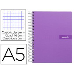 Cuaderno espiral liderpapel a5 micro crafty tapa forrada 120h 90 gr cuadro 5mm 5 bandas6 taladros color violeta