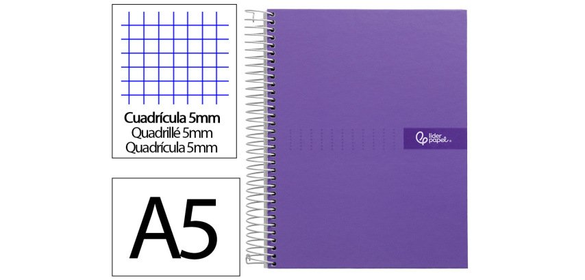 Cuaderno espiral liderpapel a5 micro crafty tapa forrada 120h 90gr cuadro 5mm 5 bandas 6 taladros color violeta