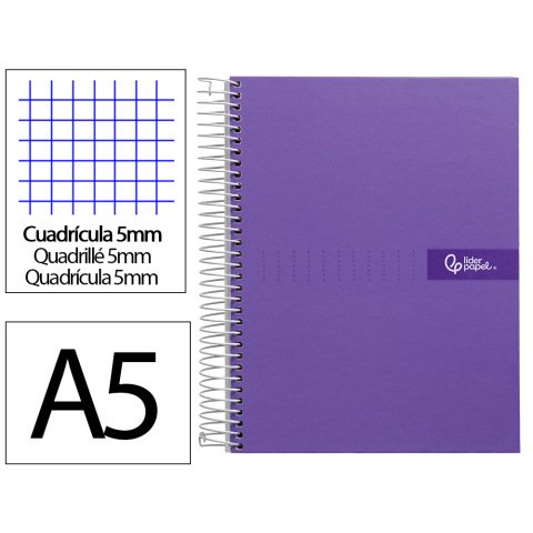 Cuaderno espiral liderpapel a5 micro crafty tapa forrada 120h 90gr cuadro 5mm 5 bandas 6 taladros color violeta