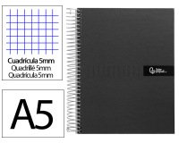 Cuaderno espiral liderpapel a5 micro crafty tapa forrada 120h 90gr cuadro 5mm 5 bandas 6 taladros color negro