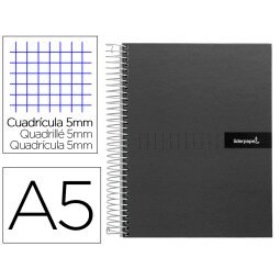 Cuaderno espiral liderpapel a5 micro crafty tapa forrada 120h 90 gr cuadro 5mm 5 bandas6 taladros color negro