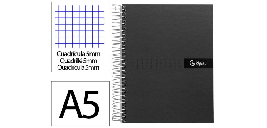 Cuaderno espiral liderpapel a5 micro crafty tapa forrada 120h 90gr cuadro 5mm 5 bandas 6 taladros color negro