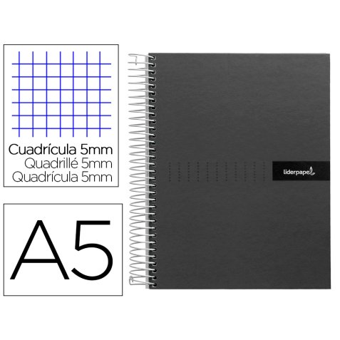 Cuaderno espiral liderpapel a5 micro crafty tapa forrada 120h 90 gr cuadro 5mm 5 bandas6 taladros color negro