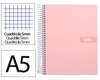 Cuaderno espiral liderpapel a5 micro crafty tapa forrada 120h 90gr cuadro 5mm 5 bandas 6 taladros color rosa