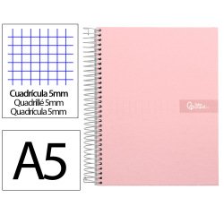 Cuaderno espiral liderpapel a5 micro crafty tapa forrada 120h 90gr cuadro 5mm 5 bandas 6 taladros color rosa