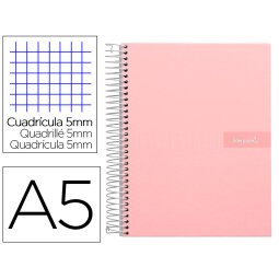 Cuaderno espiral liderpapel a5 micro crafty tapa forrada 120h 90 gr cuadro 5mm 5 bandas6 taladros color rosa