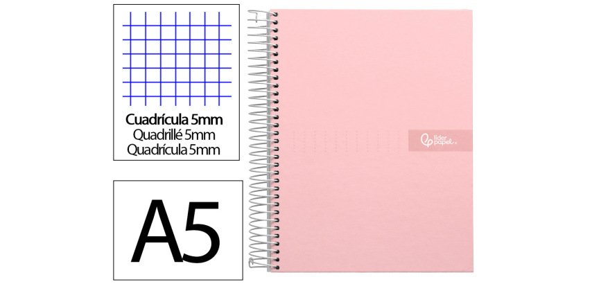 Cuaderno espiral liderpapel a5 micro crafty tapa forrada 120h 90gr cuadro 5mm 5 bandas 6 taladros color rosa