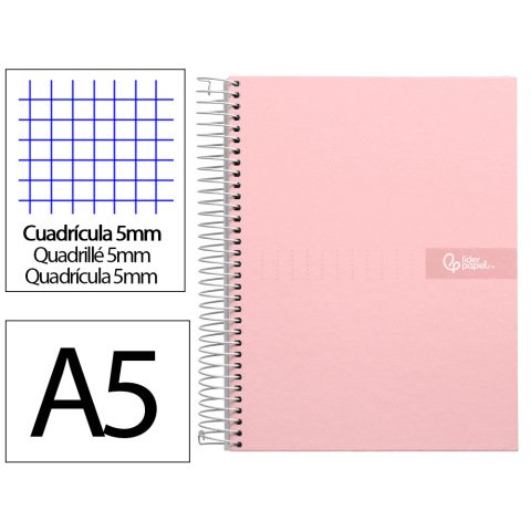 Cuaderno espiral liderpapel a5 micro crafty tapa forrada 120h 90gr cuadro 5mm 5 bandas 6 taladros color rosa