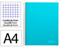 Cuaderno espiral liderpapel a4 micro jolly tapa forrada 140h 75gr cuadro 5mm 5 bandas 4 taladros color celeste