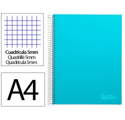 Cuaderno espiral liderpapel a4 micro jolly tapa forrada 140h 75gr cuadro 5mm 5 bandas 4 taladros color celeste