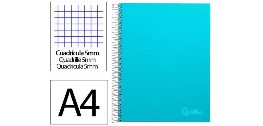 Cuaderno espiral liderpapel a4 micro jolly tapa forrada 140h 75gr cuadro 5mm 5 bandas 4 taladros color celeste