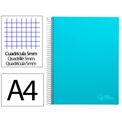 Cuaderno espiral liderpapel a4 micro jolly tapa forrada 140h 75gr cuadro 5mm 5 bandas 4 taladros color celeste