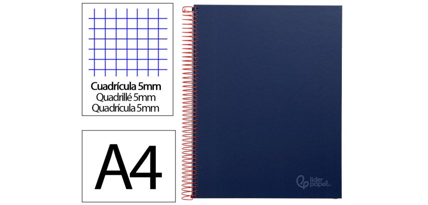 Cuaderno espiral liderpapel a4 micro jolly tapa forrada 140h 75gr cuadro 5mm 5 bandas 4 taladros color azul