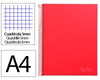 Cuaderno espiral liderpapel a4 micro jolly tapa forrada 140h 75gr cuadro 5mm 5 bandas 4 taladros color rojo