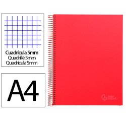 Cuaderno espiral liderpapel a4 micro jolly tapa forrada 140h 75gr cuadro 5mm 5 bandas 4 taladros color rojo