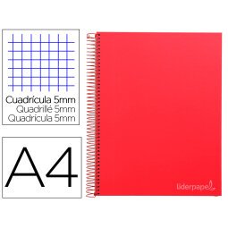 Cuaderno espiral liderpapel a4 micro jolly tapa forrada 140h 75 gr cuadro 5mm 5 bandas 4 taladros color rojo