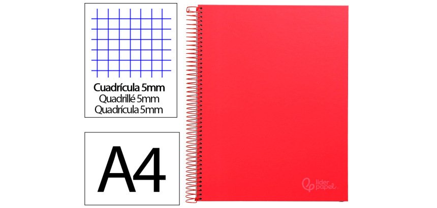 Cuaderno espiral liderpapel a4 micro jolly tapa forrada 140h 75gr cuadro 5mm 5 bandas 4 taladros color rojo