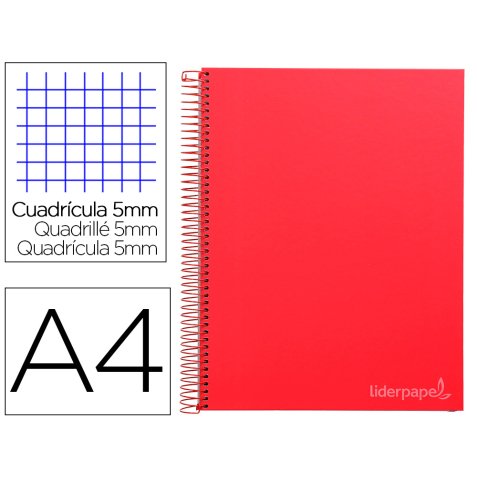 Cuaderno espiral liderpapel a4 micro jolly tapa forrada 140h 75 gr cuadro 5mm 5 bandas 4 taladros color rojo