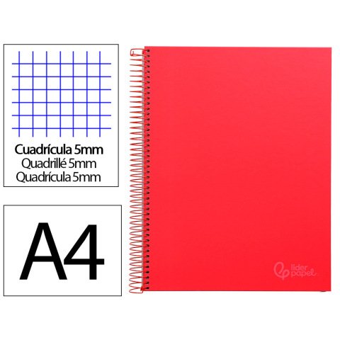 Cuaderno espiral liderpapel a4 micro jolly tapa forrada 140h 75gr cuadro 5mm 5 bandas 4 taladros color rojo