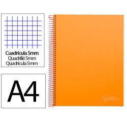 Cuaderno espiral liderpapel a4 micro jolly tapa forrada 140h 75gr cuadro 5mm 5 bandas 4 taladros color naranja