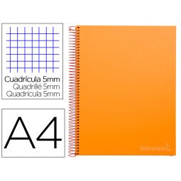 Cuaderno espiral liderpapel a4 micro jolly tapa forrada 140h 75 gr cuadro 5mm 5 bandas4 taladros color naranja