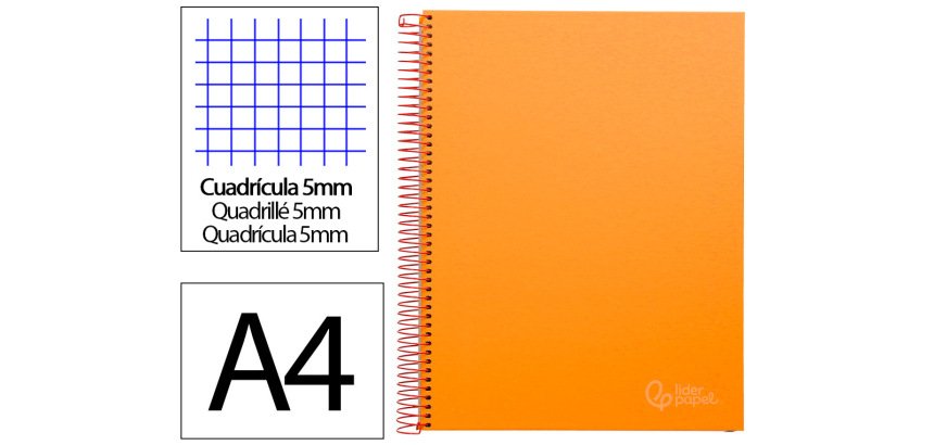 Cuaderno espiral liderpapel a4 micro jolly tapa forrada 140h 75gr cuadro 5mm 5 bandas 4 taladros color naranja