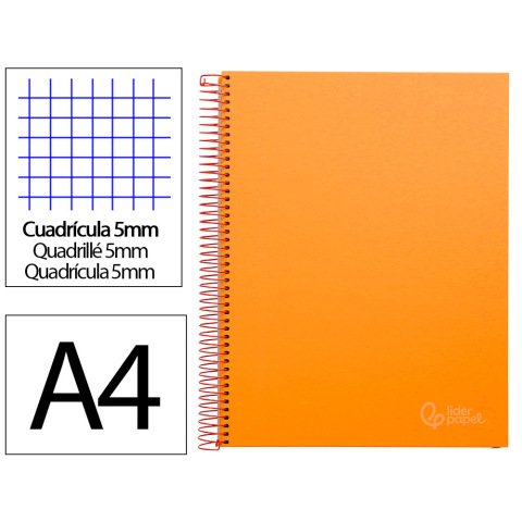 Cuaderno espiral liderpapel a4 micro jolly tapa forrada 140h 75gr cuadro 5mm 5 bandas 4 taladros color naranja