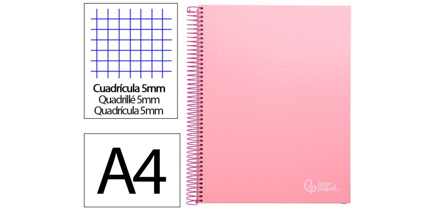 Cuaderno espiral liderpapel a4 micro jolly tapa forrada 140h 75gr cuadro 5mm 5 bandas 4 taladros color rosa