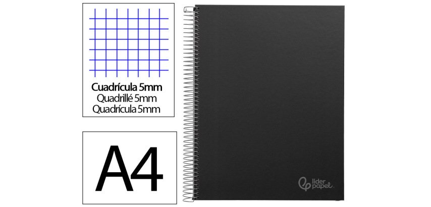 Cuaderno espiral liderpapel a4 micro jolly tapa forrada 140h 75gr cuadro 5mm 5 bandas 4 taladros color negro