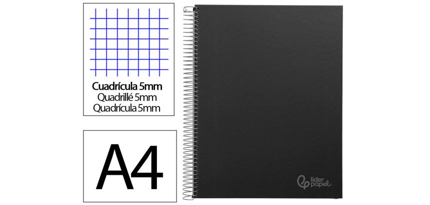 Cuaderno espiral liderpapel a4 micro jolly tapa forrada 140h 75gr cuadro 5mm 5 bandas 4 taladros color negro